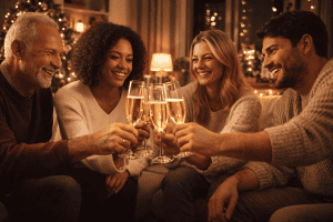 Happy New Year 2026 small group of friends or family sharing a toast at home with warm lighting and genuine smiles
