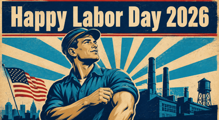 Happy Labor Day 2026 vintage poster of an American worker rolling up his sleeve with a factory and flag